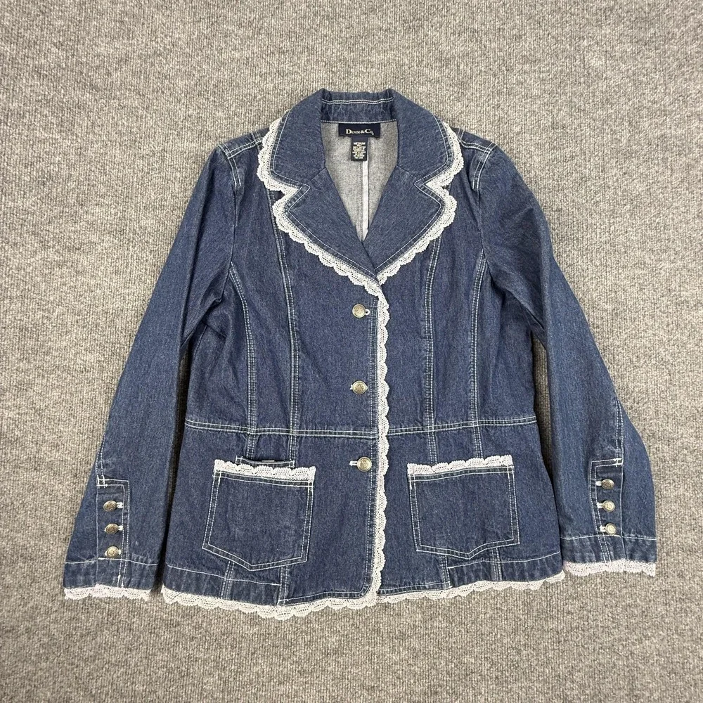 Denim & Co. Blazer Jacket Womens Medium Blue Denim Lace Trim Button Front Boho - Picture 1 of 15